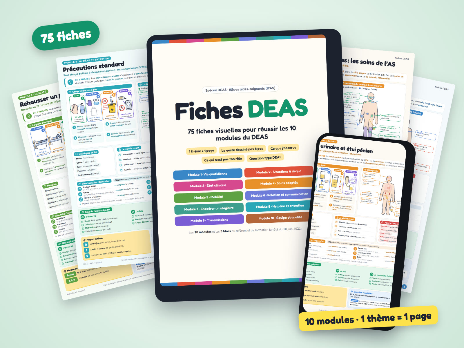 Fiches DEAS : la couverture sur une tablette, une fiche sur un téléphone et plusieurs fiches de soins